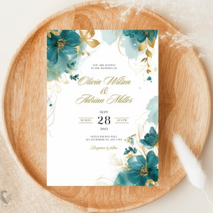 Luxus Teal Floral Hochzeitseinladung Vorlage, Gold Akzent, 5x7 Editierbare Digitale Einladung, Botanische Elegante Hochzeit, Sofort Download, H26TG