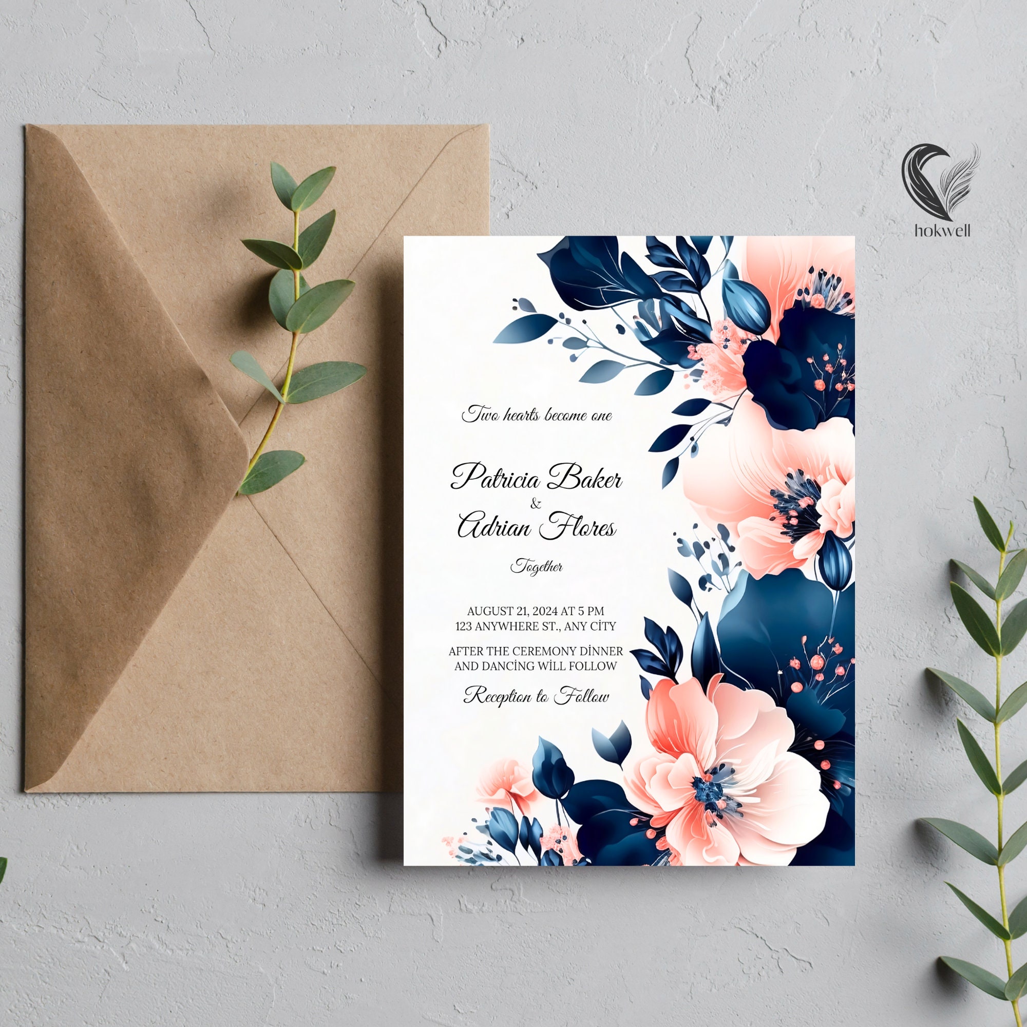 Navy Blue and Coral Wedding Invitation Template, Navy Blue and Coral Flower Invitations, Navy ...
