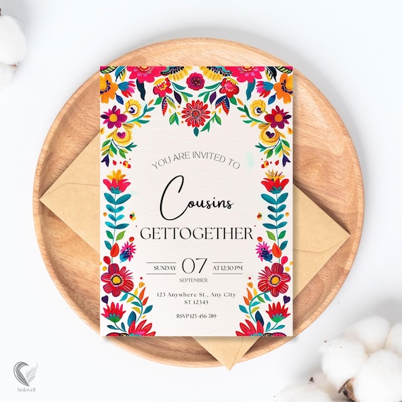 Mexican Floral Invitation, Fiesta Party Invite, Cousins Get Together Invitation, Colorful Otomi Folk Art Floral Invite, Bright Boho Invite