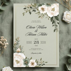 Editable Sage Green Wedding Invite, Floral White Rose Invitation Template, Elegant Garden Wedding 5x7 Download