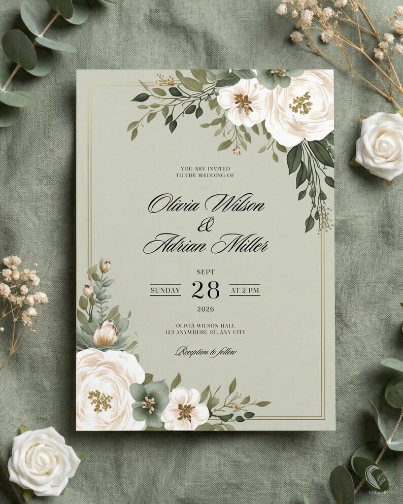 Editable Sage Green Wedding Invite, Floral White Rose Invitation Template, Elegant Garden Wedding 5x7 Download