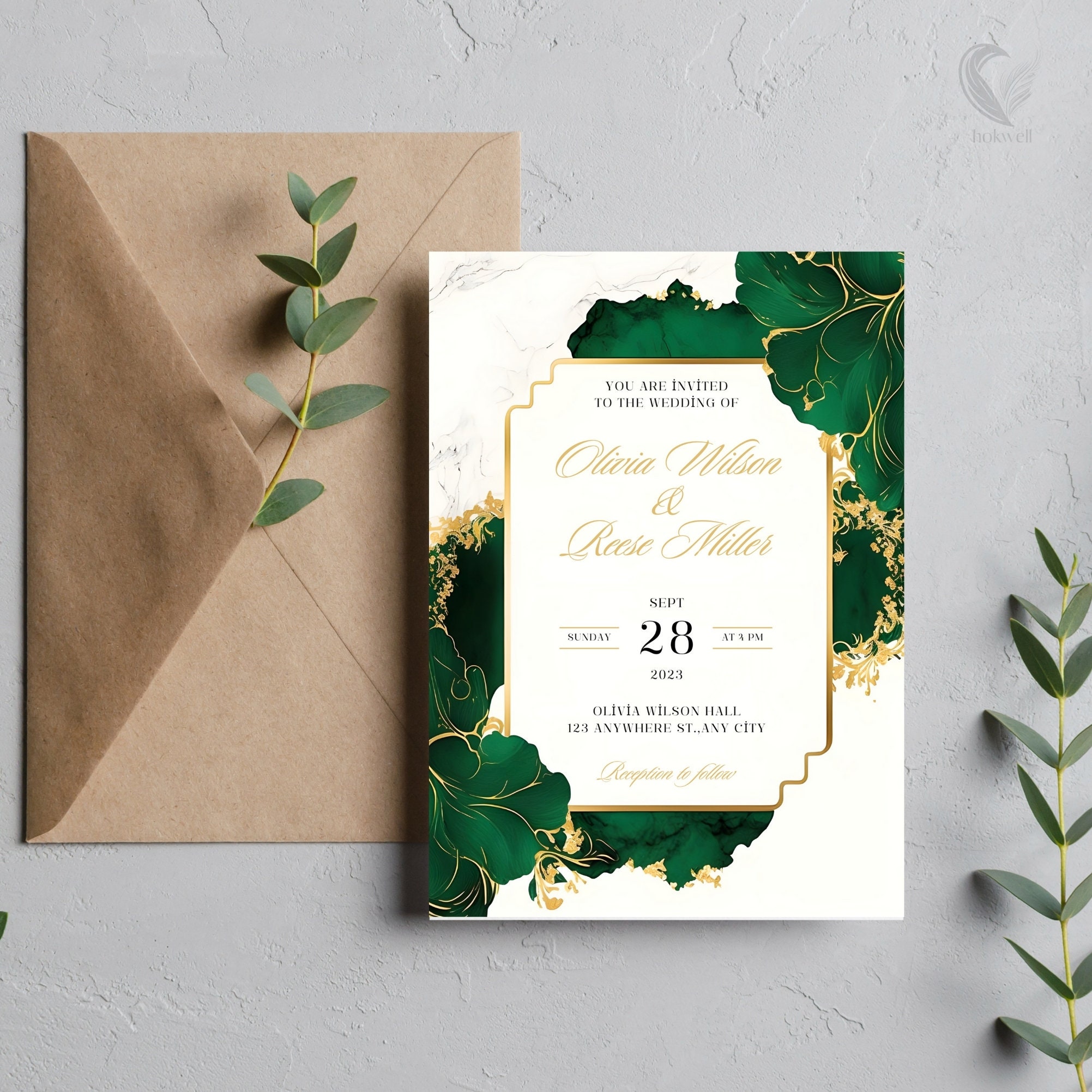 Emerald Green and Gold Wedding Invitations Template - Greenery - Floral ...