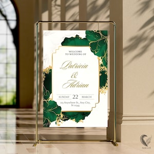 Cartello di benvenuto per matrimonio verde smeraldo e oro, cartello per matrimonio floreale botanico, elegante decorazione per matrimonio, cartello per matrimonio personalizzato, H17EGG