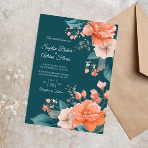Convite de casamento personalizável com flor de pessegueiro e azul-petróleo, design digital floral romântico, convite para impressão 5x7, modelo de casamento elegante, H01TP