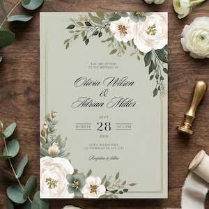 Sage Green Floral Wedding Invitation Template, Elegant White Rose Garden Invite, Editable 5x7 Digital Download