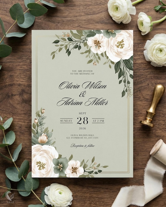 Sage Green Wedding Invitation Template, Floral Wedding Invite Digital Download, Elegant White Rose Wedding, Editable Garden Wedding, F105