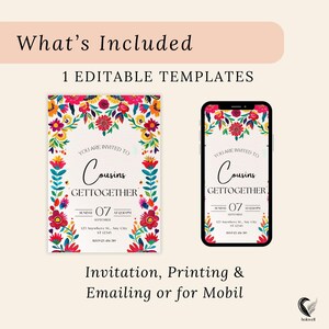 Fiesta Party Invitation with Mexican Floral & Otomi Folk Art, Bright Boho Cousins Get Together Invite