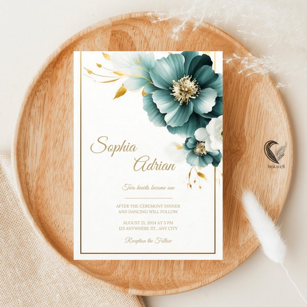 Teal and Gold Wedding Invitation Template - Turquoise, Aqua, and Cyan with Elegant Golden Accents - Teal Green and Gold Modern Wedding Card