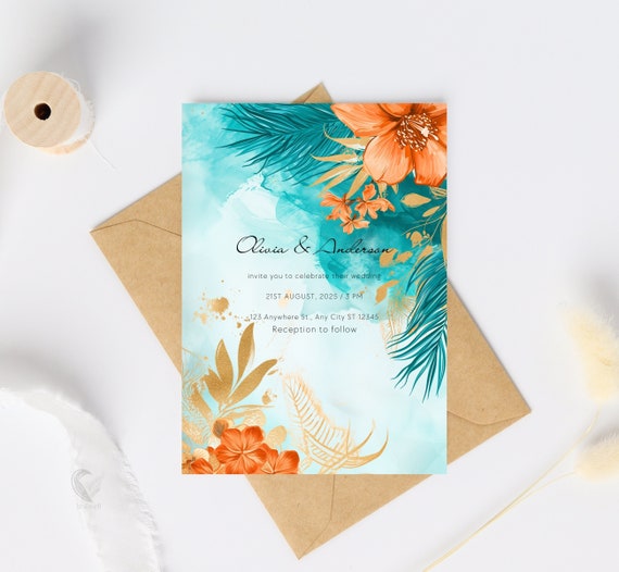 Tropical Teal & Coral Floral Wedding Invite, Editable 5x7 Invitation Template, Chic Printable Orange Marriage Card, Instant Download, H02TO