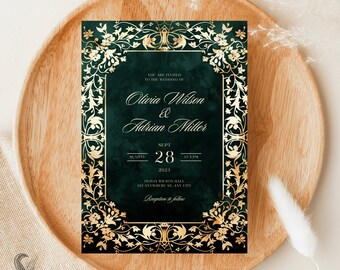 Invitación de boda verde esmeralda: elegante diseño floral dorado (archivo PDF)