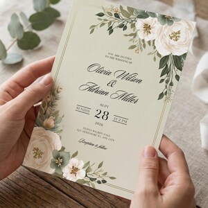 Elegant Sage Green Wedding Invitation, White Rose Floral Garden Invite Template, Editable 5x7 Digital Download