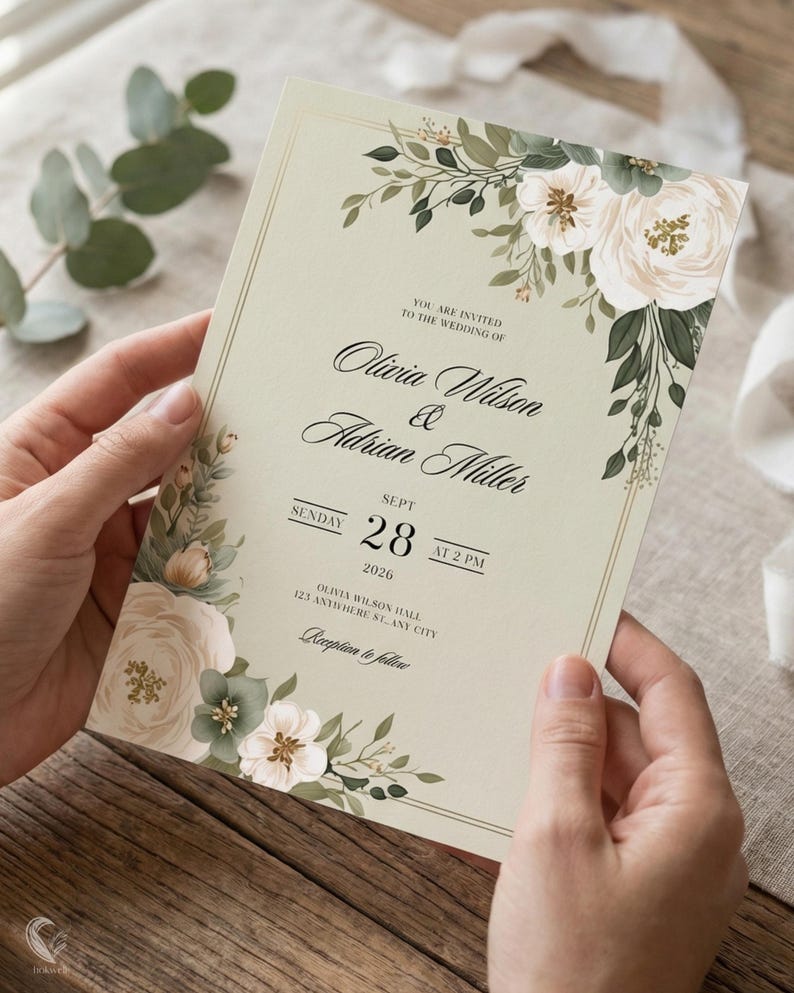 Elegant Sage Green Wedding Invitation, White Rose Floral Garden Invite Template, Editable 5x7 Digital Download