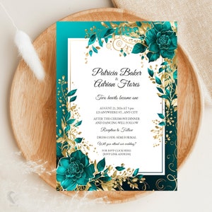 Hochzeitseinladungskarte mit floralem Design, türkisen Akzenten und elektrischen blauen Highlights, 13 x 18 cm, perfekt zum Feiern Ihres besonderen Tages