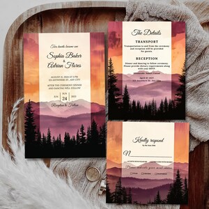 May include: Wedding invitation with a watercolor background of a mountain range with a forest in the foreground. The invitation is for Sophia Baker and Adrian Flores, with the date and time of the wedding ceremony and reception. The invitation also includes details about transportation and dress code.
