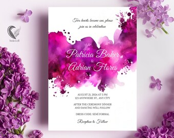 Magenta Watercolor Wedding Invitation Template (Digital Download)