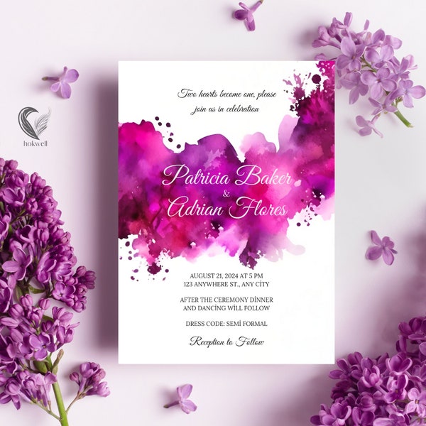 Magenta Wedding Invitation Template | Modern and Digital Wedding Invitation | Fuchsia Pink, Violet Ruby Cerise Amaranth Roseate