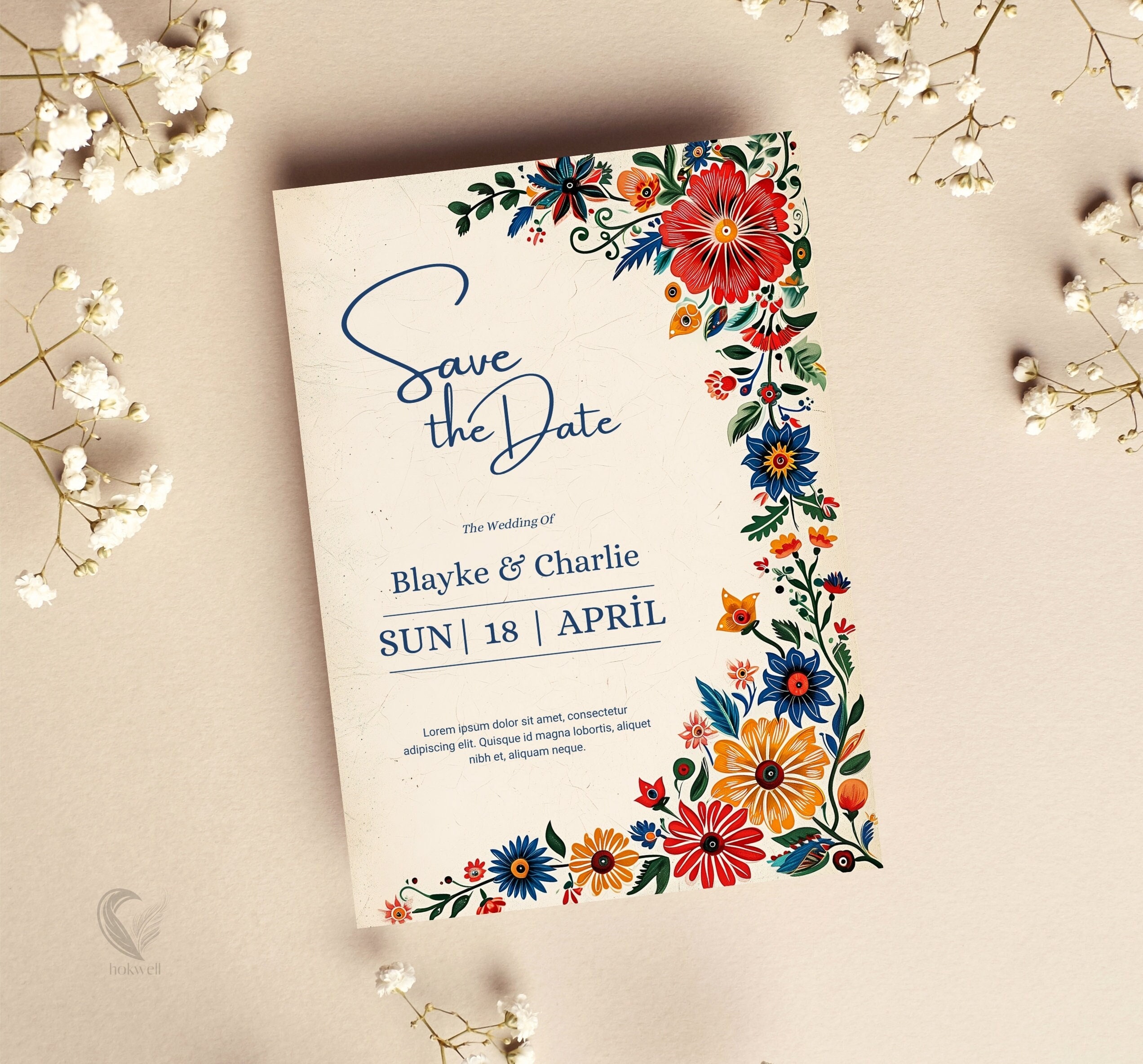 Mexican Talavera Wedding Save the Date Card, Floral Boho Invitation, Colorful Fiesta Wedding Invite, Printable Digital Template, H04MT