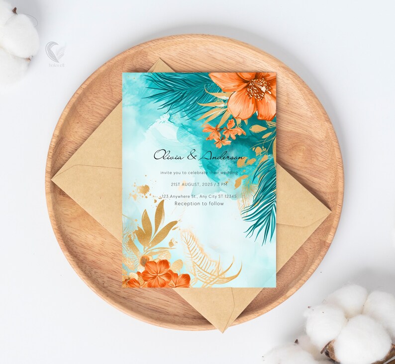 Instant Download of Teal & Coral Floral Wedding Invite