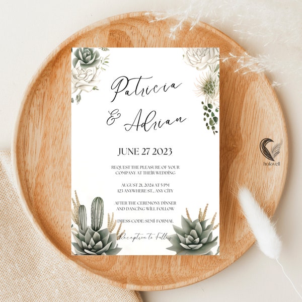 Cactus Wedding Invitation Template | Aztec, Nopal Cactus, Modern Desert Floral Southwestern Card | Succulent, Botanical Wedding Invitation