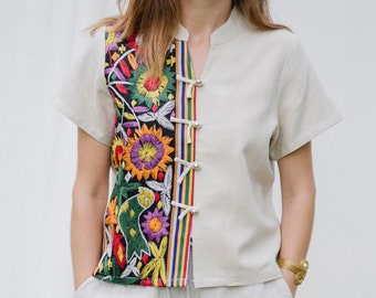 Embroidered hemp fabric top