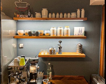 Solid wood shelf with lighting,simple shelf with led lights,Floating wood unit for kitchen