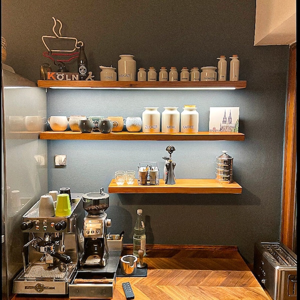 Solid wood shelf with lighting,simple shelf with led lights,Floating wood unit for kitchen