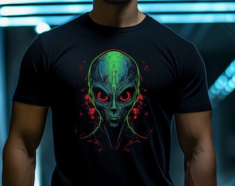 Alien T-Shirt | T-Shirt for Science Fiction Fans | Sci-Fi T-Shirt | Organic Cotton T-Shirt Unisex | Green Alien with red eyes | UFO Apparel