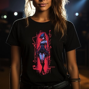 Cyberpunk Anime Girl T-Shirt | Streamer and Gamer T-Shirt | Organic Black Cotton T-Shirt Unisex | Gift for Gamer, Cyberpunk and Anime Fans