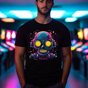 Neon Robot T-Shirt | Colorful Robot T-Shirt | 80s Retrowave T-Shirt | Organic Cotton T-Shirt Unisex | Shirt for Gamer & retrowave fans
