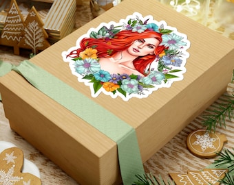 Flower Girl Sticker | Wreath of flowers | Flower sticker | Laptop sticker | Vinyl Kiss-Cut | Beautiful redhead Woman | water bottle sticker