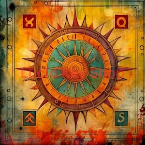 May include: A colorful, artistic illustration of a compass rose. The design features a central sunburst motif in shades of gold and teal, surrounded by a dark brown wheel with ancient symbols. The corners display stylized symbols and letters against a textured, watercolor-like background.