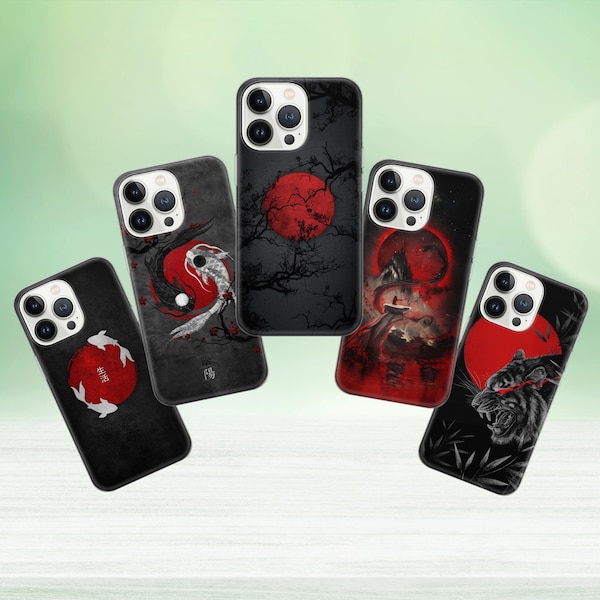 Japanese Art Phone Case Red and Black Cover for iPhone 15 14 13 12 Pro 11 XR for Samsung S23 S22 A8 73 A53 A13 Pixel 8 7 6A
