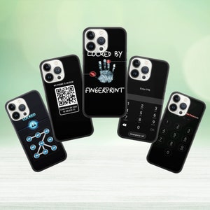 May include: Black phone cases featuring security-themed designs. One case has a fingerprint graphic and the text "LOCKED BY FINGERPRINT." Other cases display a lock icon, a QR code, and a numeric keypad.