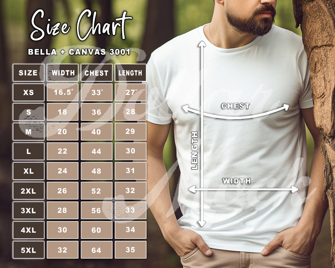 Bella Canvas 3001 Size Chart Size Guide Tshirt Measurements - Etsy