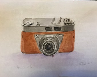 Original watercolour illustration of vintage camera