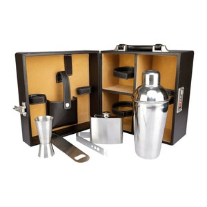 Caja de herramientas de accesorios de barra negra vegana / Maletín de cuero sintético portátil Juego de barra / Juego de barra para viajes Juego de barra para picnic Juego de barra Regalo para ella