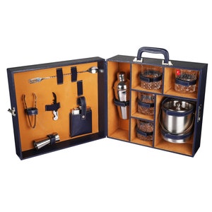 Caja de herramientas con accesorios para barra azul / Maletín portátil de cuero sintético Juego de barra / Juego de barra para viajes Juego de barra para picnic Juego de barra Regalo para ella