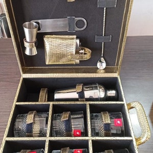 Caja de herramientas con accesorios para barra Golden Croc/maletín de cuero sintético portátil/juego de barra para viajes, juego de barra para picnic, juego de barra para regalo