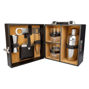 Caja de herramientas de accesorios de barra negra vegana / Maletín de cuero sintético portátil Juego de barra / Juego de barra para viajes Juego de barra para picnic Juego de barra Regalo para ella