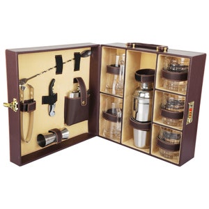 Caja de herramientas con accesorios de barra marrón vegana / Maletín de cuero sintético portátil Juego de barra / Juego de barra para viajes Juego de barra para picnic Juego de barra Regalo para ella