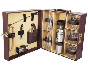 Vegan Brown Bar Accessories tool box | Portable Leatherette Briefcase Bar Set | Bar Set For Travel Bar Set for Picnic Bar Set Gift for her