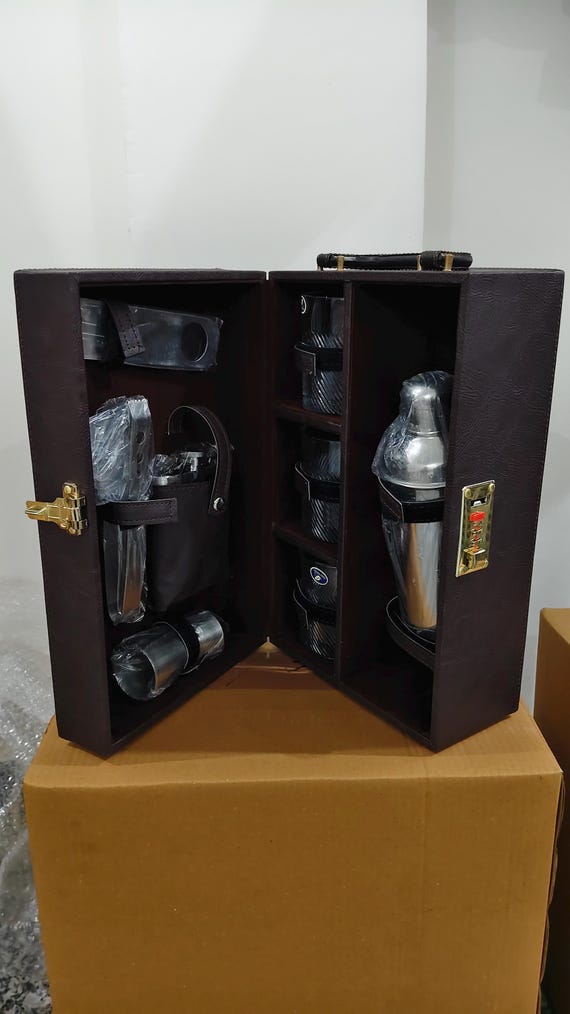 Leatherette Portable Bar Set: Travel Cocktail Kit With Whiskey