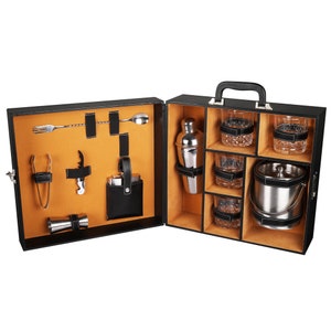 Caja de herramientas de accesorios de barra negra vegana / Maletín de cuero sintético portátil Juego de barra / Juego de barra para viajes Juego de barra para picnic Juego de barra Regalo para ella