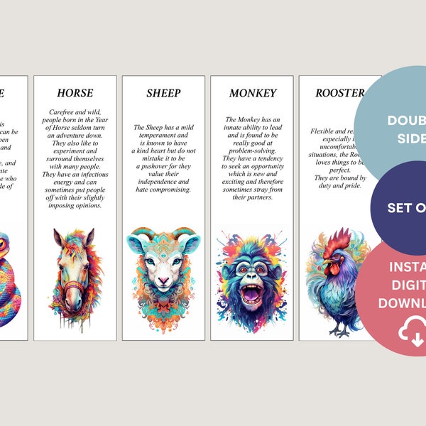 Double-sided set of unique digital bookmarks for book lovers: Zodiac signs - Snake, Horse, Sheep, Monkey, Rooster