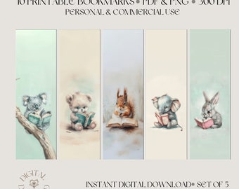 Cute Animals reading Books: Double-sided set of unique digital printable bookmarks
