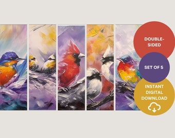 Acrylic Painting Bookmarks featuring Birds: Double-sided set of unique digital bookmarks for book lovers