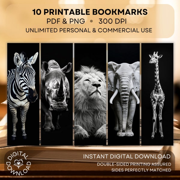African Monochrome Wild Animals : Double-sided set of unique digital printable bookmarks