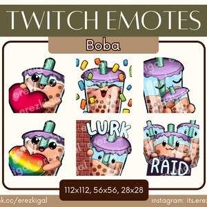 Op de afbeelding: Negen Twitch-emotes met een cartoon-boba-thee-personage in verschillende poses. De emotes zijn in een rasterformaat met de tekst "Boba" bovenaan. De emotes omvatten het personage dat een hart, een regenboog en een bord met de tekst "Lurk" vasthoudt. Het personage is ook te zien met een bord met de tekst "Raid".