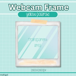 以下が含まれることがあります： 「Webcam Frame」と「yellow polaroid」の文字が入った、黄色のポラロイド風ウェブカメラフレームのデジタルイラスト。 フレームは透明な領域があり、水色のグリッドの背景にテープで留められています。