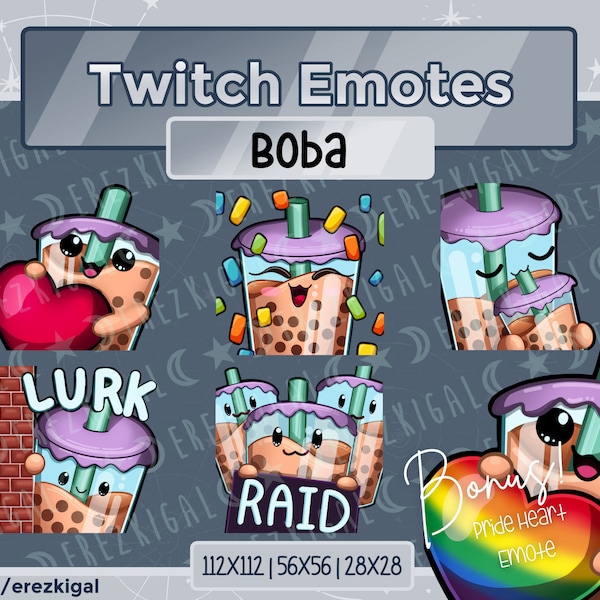 Boba Bubble Tea Emotes | Kawaii, Niedlich, Raid, Hype, Lurk, Liebe PNG Emotes für Twitch, Discord, YouTube Streamer plus BONUS Pride Heart Emote